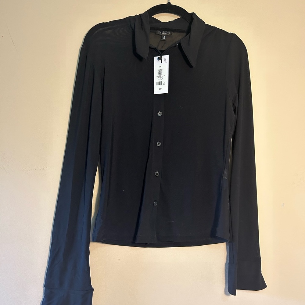 Nwt Dynamite Sheer Button Down Black M - image 1